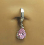Surgical Steel 316L Classic Sleeper Navel Ring with Large Pink Pear CZ Drop Charm
