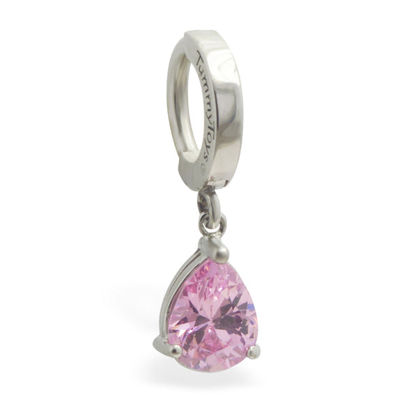 Surgical Steel 316L Classic Sleeper Navel Ring with Large Pink Pear CZ Drop Charm