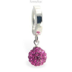 Surgical Steel 316L Navel Ring with Dazzling Hot Pink Crystal Glitter Ball Drop Charm