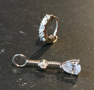 SAVE 10% with this 2 piece Combo Set - 1 x Silver Navel Ring Pave Set with 5 Brilliant White CZs and 1 x Clear CZ Swinger Drop Charm