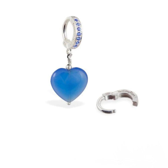 Sterling Silver Navel Ring Pave Set with Sapphire Blue CZs and Blue Glass Heart Charm