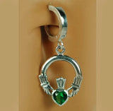 Sterling Silver Classic Sleeper Navel Ring with Emerald CZ Silver Claddagh Drop Charm