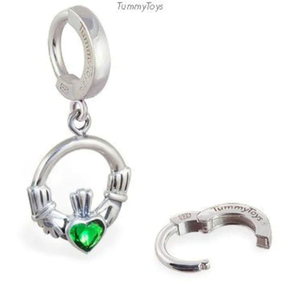 Sterling Silver Classic Sleeper Navel Ring with Emerald CZ Silver Claddagh Drop Charm