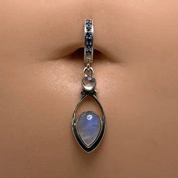 Sterling Silver Navel Ring Pave Set with Sapphire Blue CZs & Pear Moonstone Drop Charm