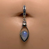 Sterling Silver Navel Ring Pave Set with Sapphire Blue CZs & Pear Moonstone Drop Charm