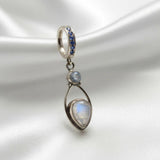 Sterling Silver Navel Ring Pave Set with Sapphire Blue CZs & Pear Moonstone Drop Charm