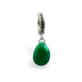Solid Sterling Silver Pave Navel Ring with Emerald Green Quartz Drop Charm