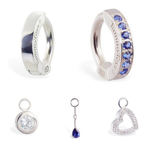 SAVE 15% with this 5 Piece Sapphire Blue Combo Set - Includes 2 x Stunning Sterling Silver Navel Rings & 3 Fabulous Swinger Drop Charms
