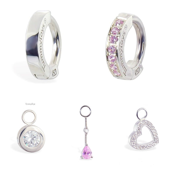 SAVE 15% with this 5 Piece Powder Pink Combo Set - Includes 2 x Stunning Sterling Silver Navel Rings & 3 Fabulous Swinger Drop Charms