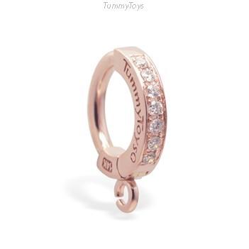 Custom 14K Rose Gold Navel Ring - Pave Set with 7 Glittering Diamonds & 14K Round Rose Gold Charm with  CZ Centre