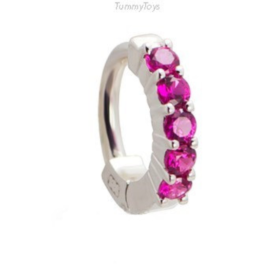 Sterling Silver Navel Ring Pave Set with 5 Large Hot Pink Coloured CZs