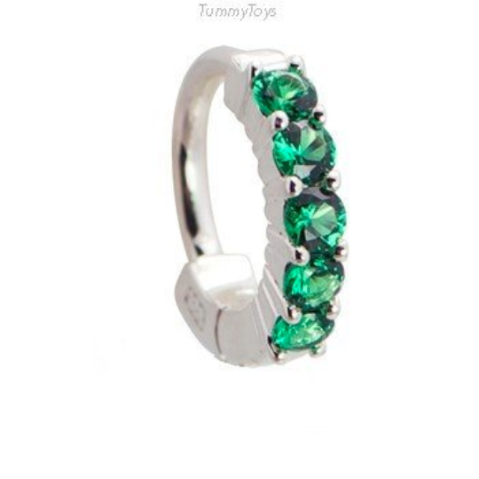 Sterling Silver Navel Ring Pave Set with 5 Large Emerald Green Coloured CZs