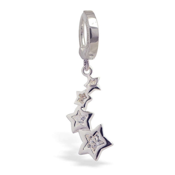 Sterling Silver Navel Ring with CZ Shooting Stars Drop Charm
