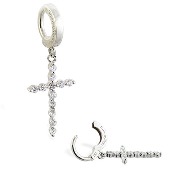 Sterling Silver Classic Sleeper Navel Ring with CZ set Cross Drop Charm