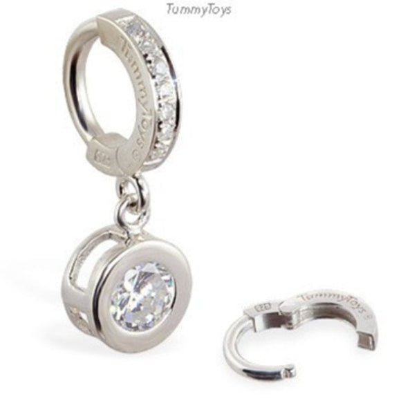 Sterling Silver Sleeper Pave Set with Brilliant White CZs and Round CZ Bezel Set Drop Charm