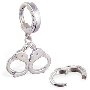 Sterling Silver Classic Sleeper Navel Ring with Handcuffs Drop Charm