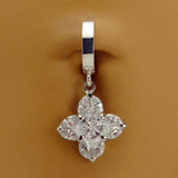 Sterling Silver Classic Sleeper Navel Ring with Princess Cut Clover CZ Drop Charm