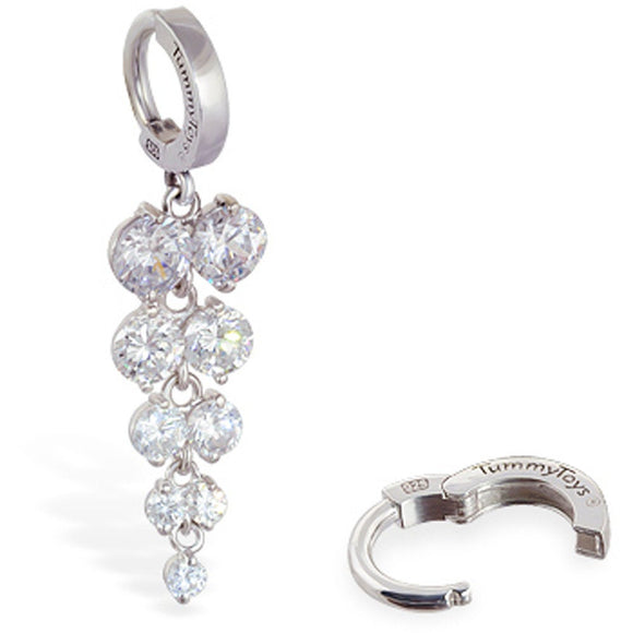 Sterling Silver Classic Sleeper Navel Ring with Glittering CZ Grape Cluster Drop Charm