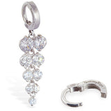Sterling Silver Classic Sleeper Navel Ring with Glittering CZ Grape Cluster Drop Charm