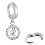 Sterling Silver Classic Sleeper Navel Ring with Sparkling Bullseye CZ Drop Charm