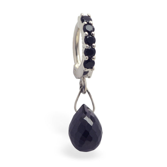 Sterling Silver Sleeper Pave Set with 5 Jet Black CZs and a Jet Black Teardrop Charm