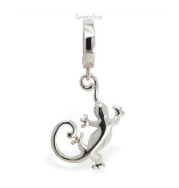 Sterling Silver Classic Sleeper Navel Ring with Silver Charming Silver Gecko  Drop Charm