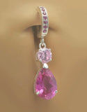 Sterling Silver Sleeper Pave Set with 7 Deep Pink CZs with a Round Soft Pink CZ and a Deep Pink Pear Drop Charm