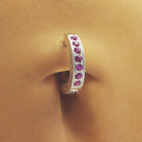 Sterling Silver Navel Ring Pave Set with 7 Hot Pink CZs