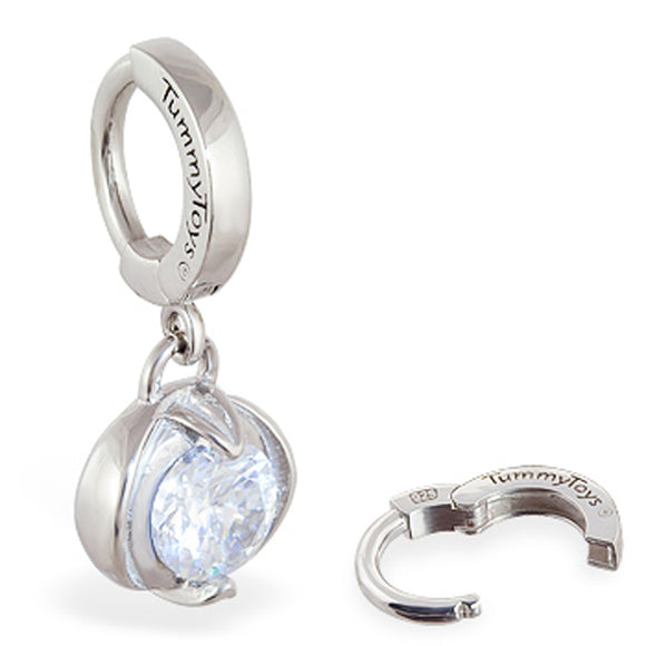 Surgical Steel 316L Classic Sleeper Navel Ring with Large CZ  Bezel Set Drop Charm