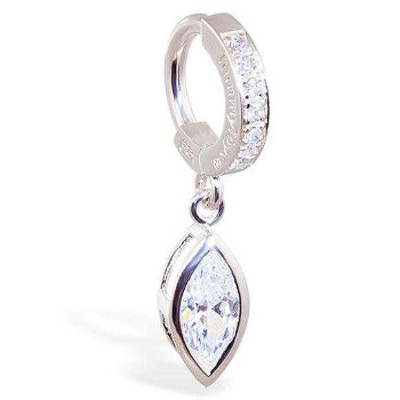 Sterling Silver Sleeper Pave Set with Brilliant White CZs and White CZ Marquise Bezel Set Drop Charm