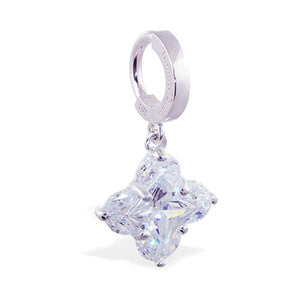 Sterling Silver Classic Sleeper Navel Ring with Princess Cut Clover CZ Drop Charm