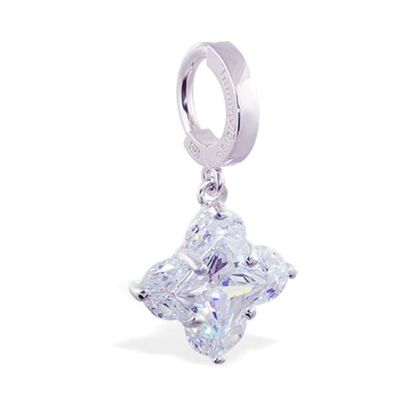 Sterling Silver Classic Sleeper Navel Ring with Princess Cut Clover CZ Drop Charm