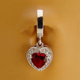 Sterling Silver Classic Sleeper Navel Ring with CZ Heart Drop Charm - Vibrant Red Centre surrounded by clear CZ's