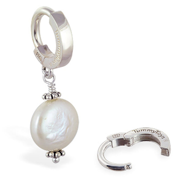 Sterling Silver Classic Sleeper Navel Ring with a Pancake Pearl Pendant Drop Charm