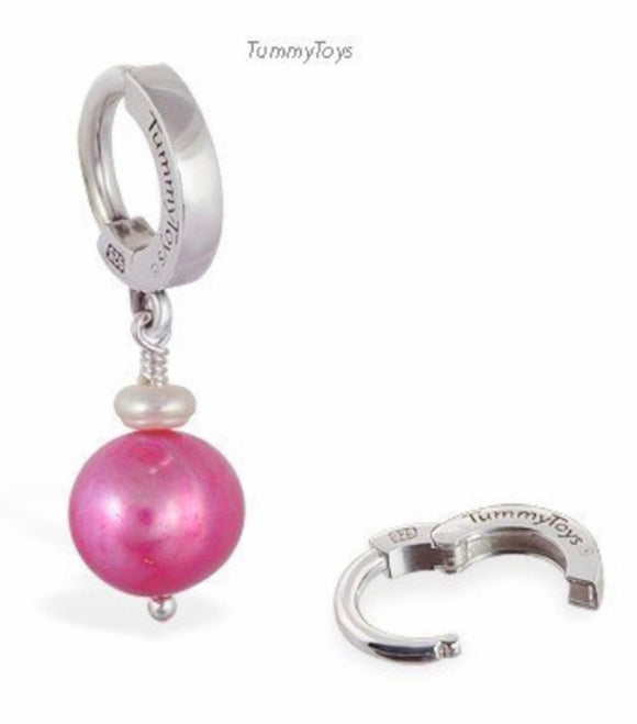Sterling Silver Classic Sleeper Navel Ring with a Hot Pink and White Freshwater Pearl Drop Charm