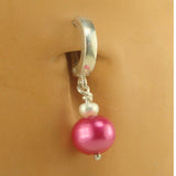 Sterling Silver Classic Sleeper Navel Ring with a Hot Pink and White Freshwater Pearl Drop Charm