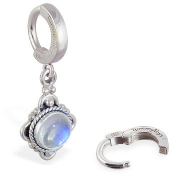 Sterling Silver Classic Sleeper Navel Ring with a Moonstone Drop Charm