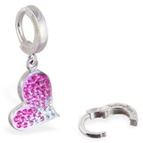 Sterling Silver Classic Sleeper Navel Ring with Silver Heart Drop Charm Encrusted with Shades of Pink Swarovski Crystals