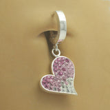 Sterling Silver Classic Sleeper Navel Ring with Silver Heart Drop Charm Encrusted with Shades of Pink Swarovski Crystals