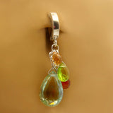 Sterling Silver Sleeper Navel Ring with natural gemstone cluster of Peridot, Citrine, Garnet and Quartz on a Silver Chain