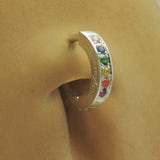 Sterling Silver Navel Ring Pave Set with 6 Rainbow Coloured CZs
