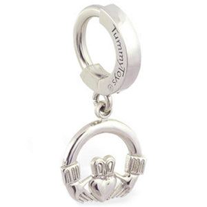 Sterling Silver Classic Sleeper Navel Ring with Silver Claddagh Drop Charm