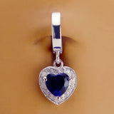 Sterling Silver Plain Navel Ring or Pave Set Navel Ring with CZ Sapphire Blue Heart Drop Charm