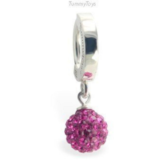 Surgical Steel 316L Navel Ring with Dazzling Hot Pink Crystal Glitter Ball Drop Charm