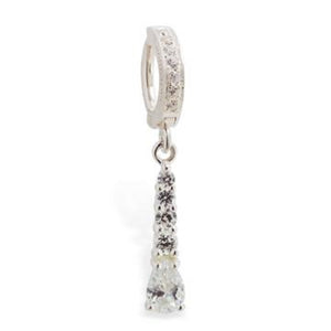 Sterling Silver Navel Ring Pave Set with Brilliant White CZs and CZ Drop Charm