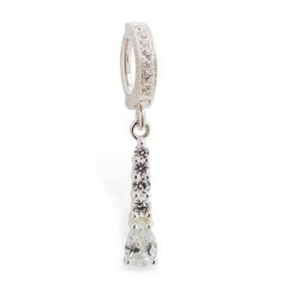 Sterling Silver Navel Ring Pave Set with Brilliant White CZs and CZ Drop Charm