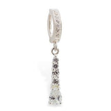 Sterling Silver Navel Ring Pave Set with Brilliant White CZs and CZ Drop Charm