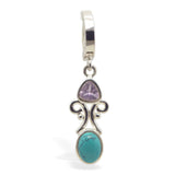 Sterling Silver Clasp with a Turquoise & Trillion Amethyst Drop Charm