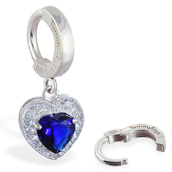 Sterling Silver Plain Navel Ring or Pave Set Navel Ring with CZ Sapphire Blue Heart Drop Charm