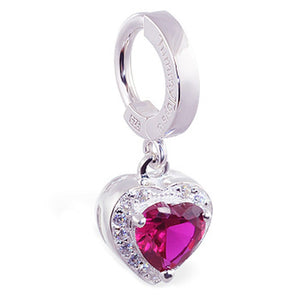 Sterling Silver Classic Sleeper Navel Ring with CZ Heart Drop Charm - Vibrant Red Centre surrounded by clear CZ's